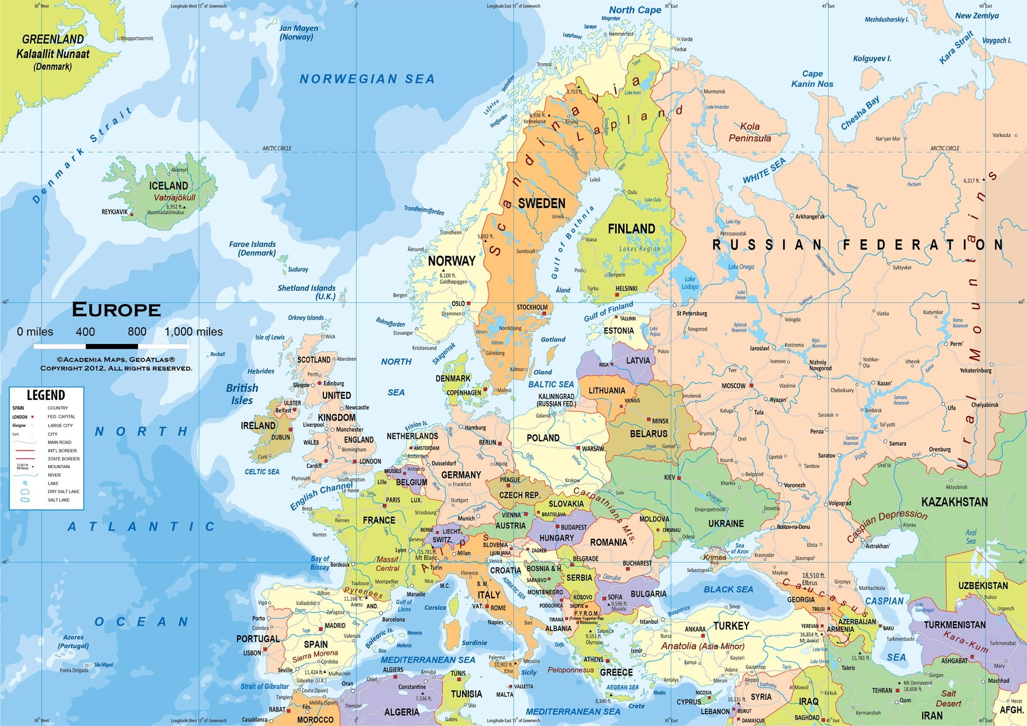 Carte de l'Europe 🌍 avec les pays et capitales à imprimer