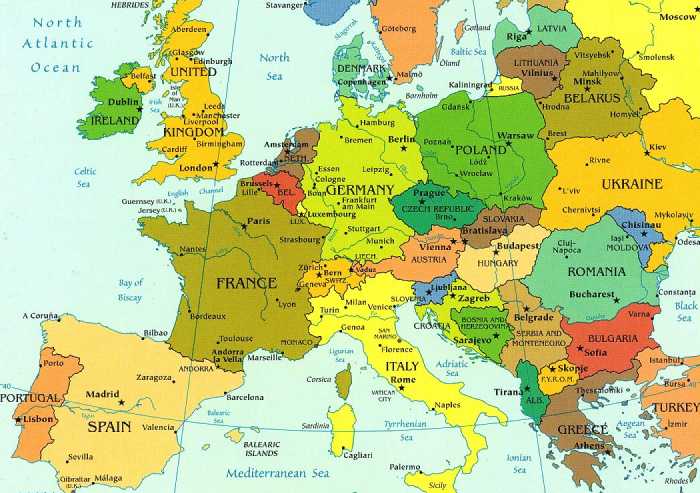 Carte de l'Europe avec villes et capitales