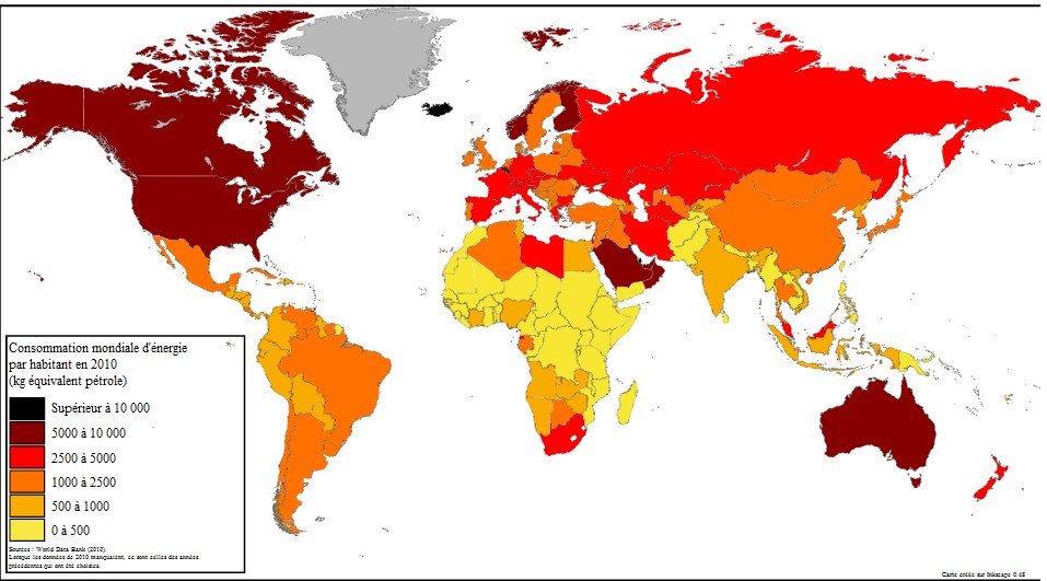 Consommation mondiale en énergie par habitant en 2010