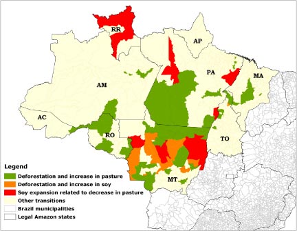 Carte de la transition des sols en Amazonie légale, en vert les zones déforestées et transformées en pâturage, en orange les zones déforestées et transformées en culture de soja et en rouge les pâturages transformés en culture de soja.