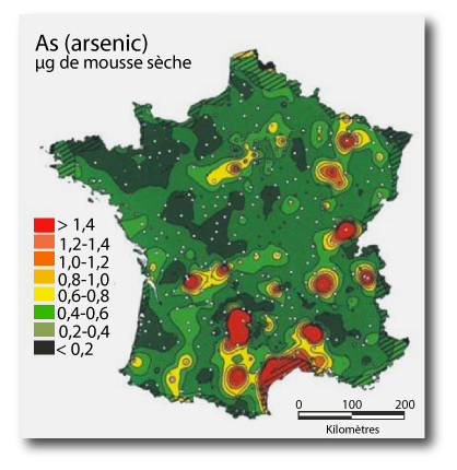 Carte de la pollution des mousses sèche à l'arsenic en France