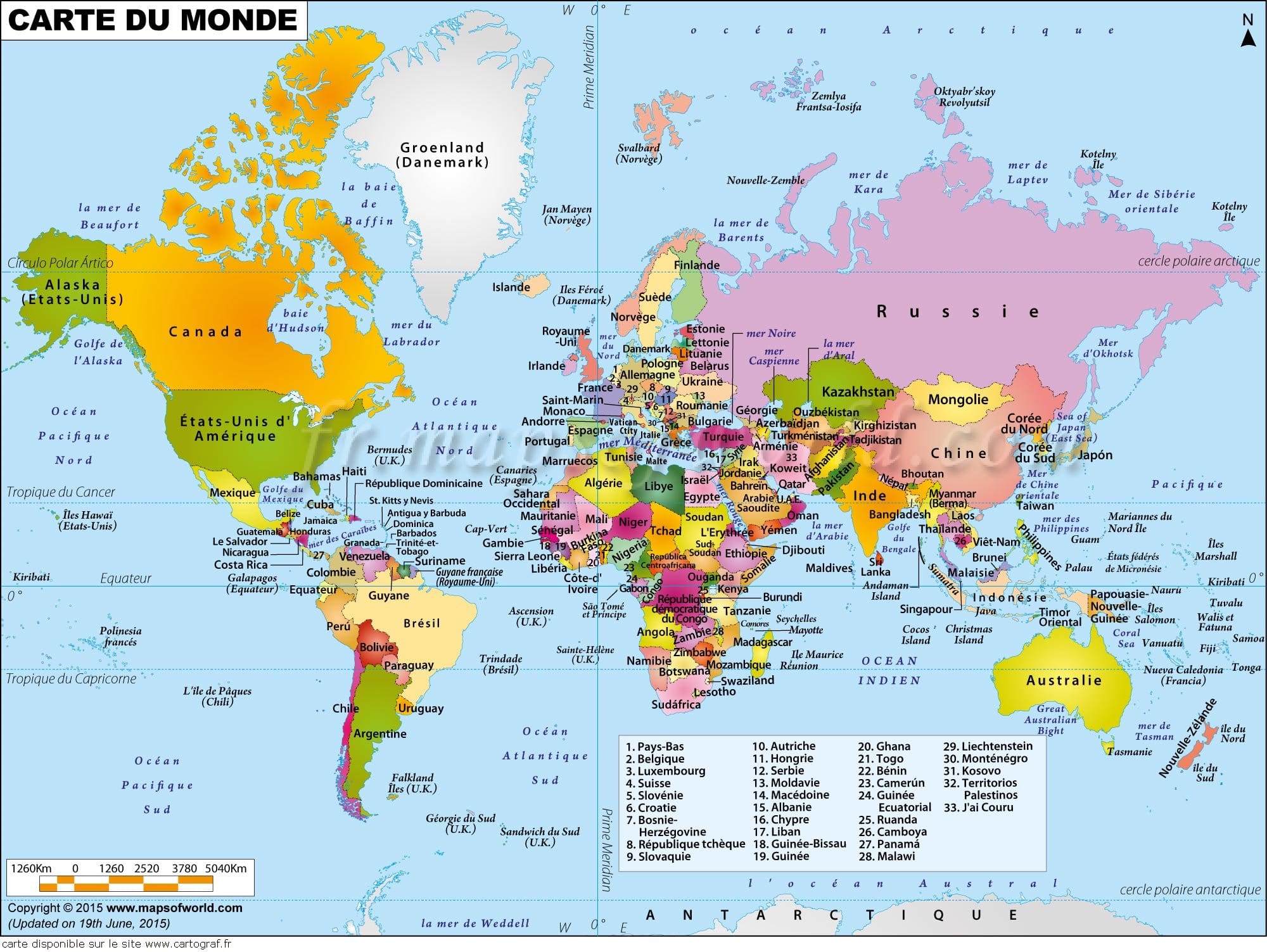 Carte des pays du monde avec les capitales