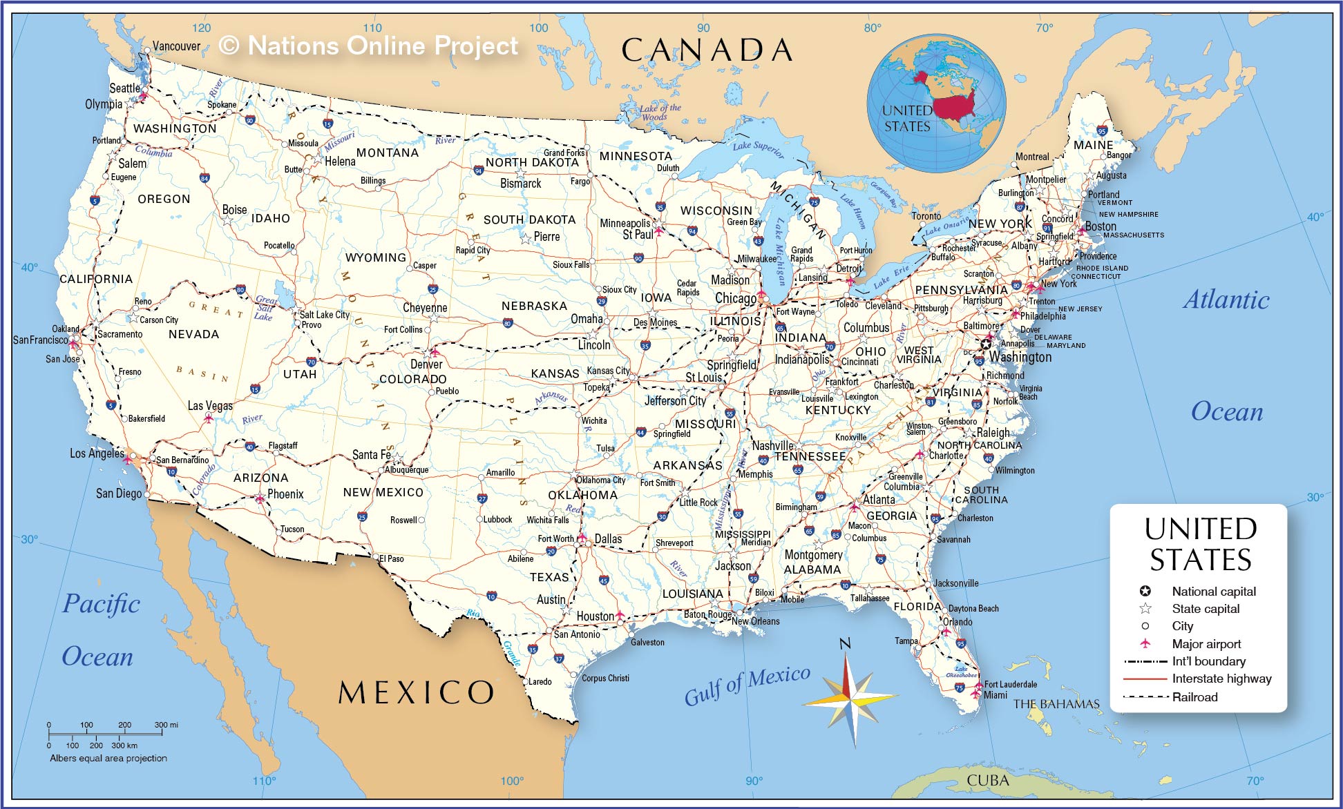 Carte des États-Unis avec les villes et les États